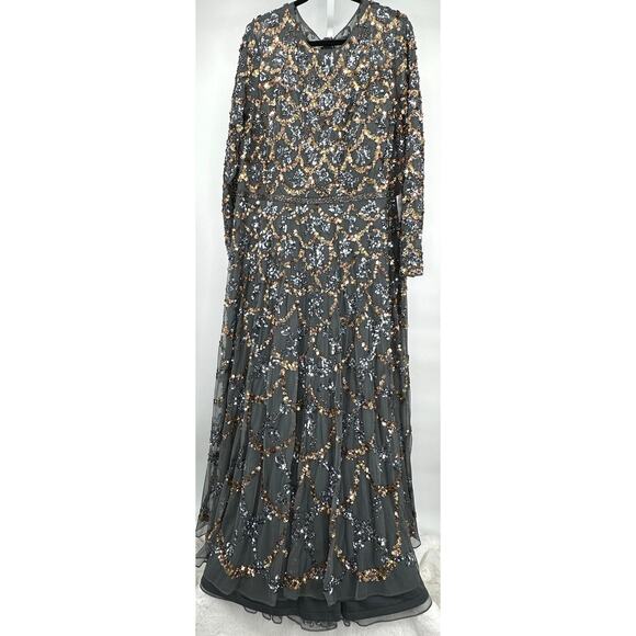 Mac Duggal Charcoal Embellished Illusion High Neck L/S A Line Gown [ 24 ]‎ - Picture 3 of 13